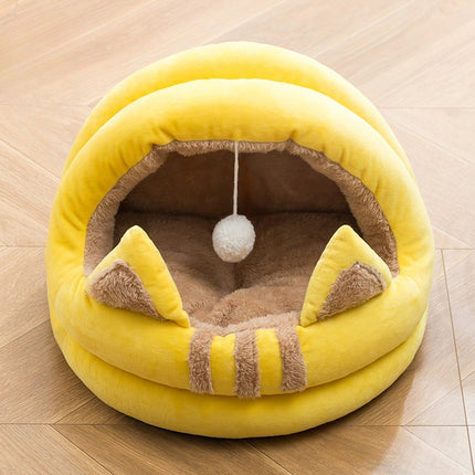 Semi Enclosed Cat House Bed with Removable Cushion