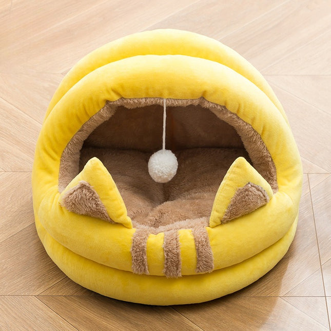 Semi Enclosed Cat House Bed with Removable Cushion